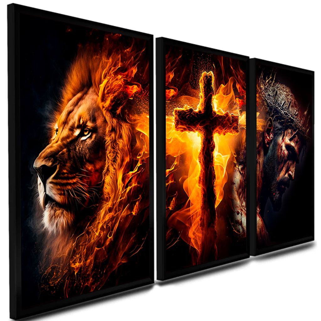 QUADRO DECORATIVO 3 PECAS LEAO COM JESUS OLHO AZUL CRUZ LEAO