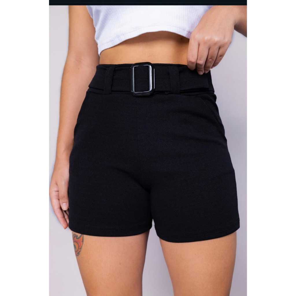 Shorts Feminino Fivela Curto Cintura Alta Malha Crepe com Bolso Elastano bermuda
