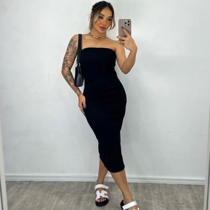 Vestido tomara que caia tubinho canelado tricot