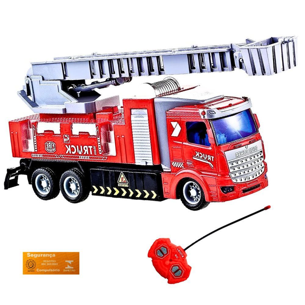 Caminhao Controle Remoto Bombeiro 4 Funcoes a Pilha DM Toys com Luz na Cabine e Escada Magirus