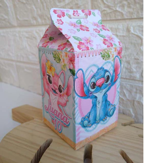 kit Caixas Stitch rosa floral Com Nome - lembrancinha caixinha para festa de aniversário personalizada milk, sushi, Pirâmide, maleta, bolsinha ou bis duplo
