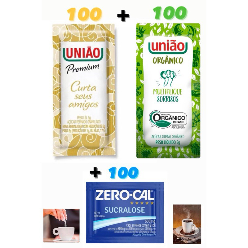 KIT C/ 300 unidades de sachês- 100 de açúcar união + 100 de adoçante zero-cal + 100 açúcar orgânico ☕️