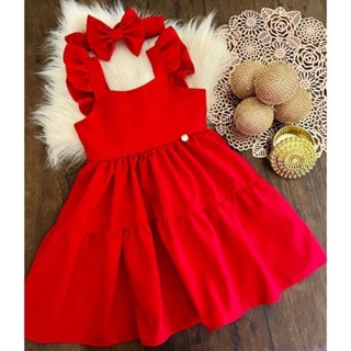 Kit Vestido Princesa Laço Vermelho Natal Juvenil Infantil Bebê