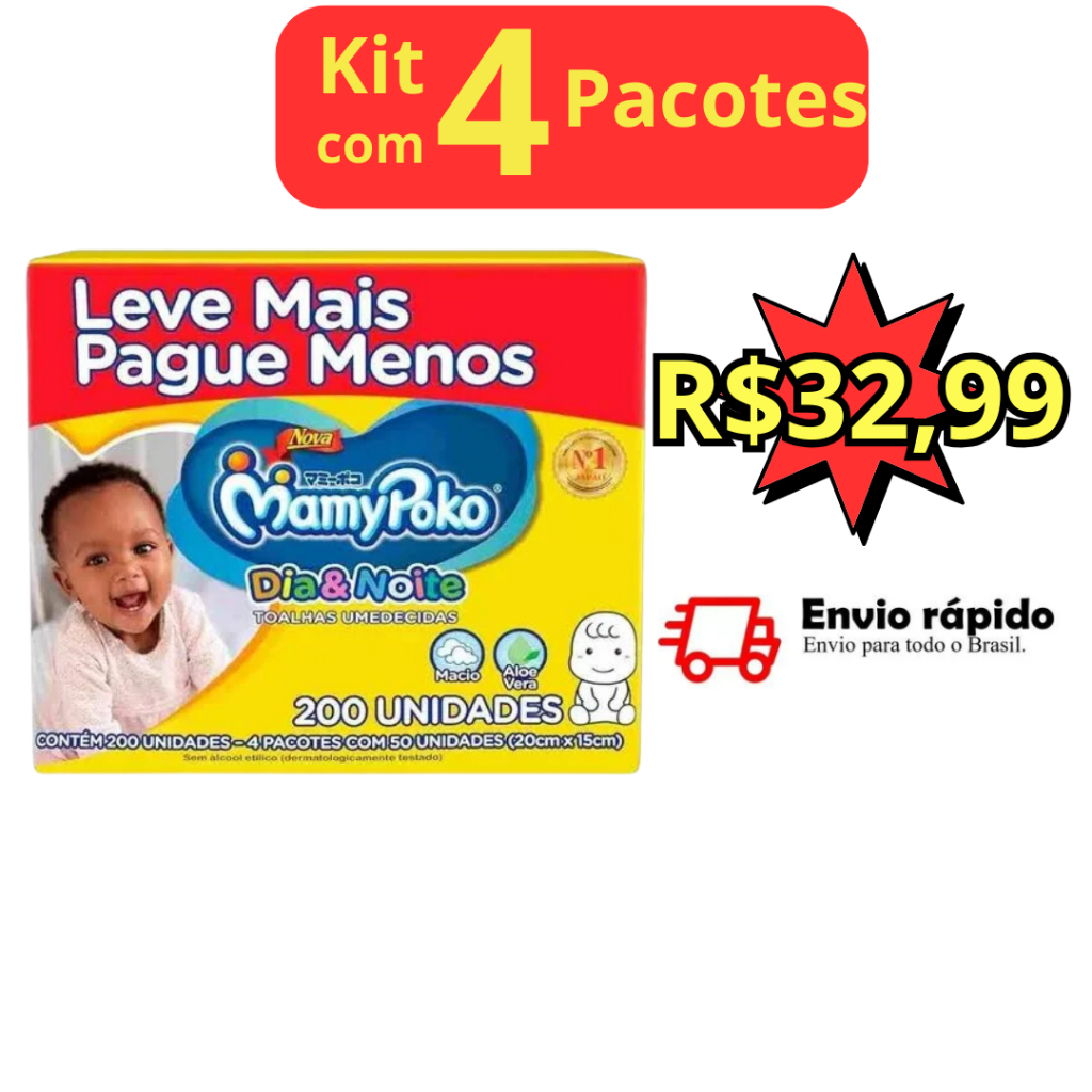 Kit com 4 Pacotes de Lenços Umedecidos Mamypoko 200 toalhinhas Validade ...