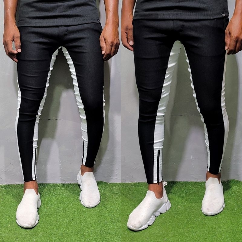 Calça super skinny masculina rasgo no joelho ziper na canela com lycra  estica no corpo zíper na perna calça preta branca bege linha premium