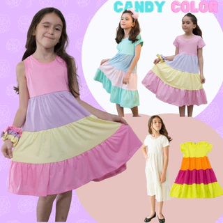 Vestido Infantil Color Block Cavado 3 Marias Candy Color - Rosa, Azul, Lilás, Amarelo - Tamanho 02 ao 12