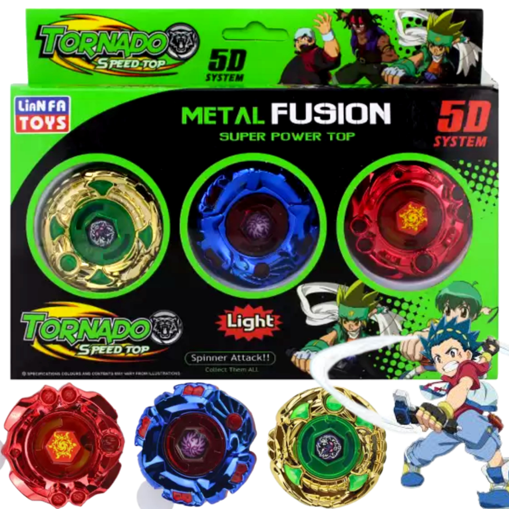 Kit 3 Beyblades Cromadas Metal Fusion Tornado Speed Top com Led ...