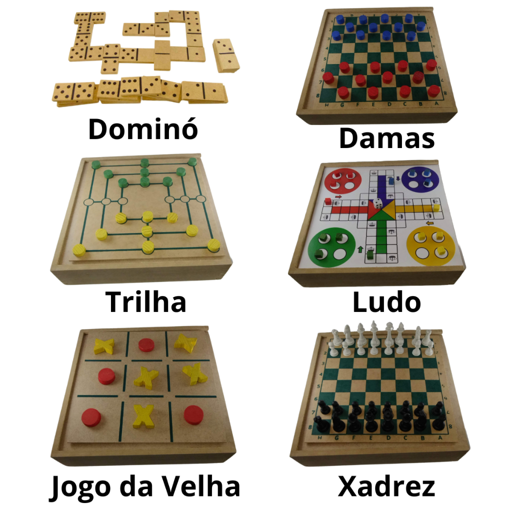 Kit Jogos Tabuleiro Xadrez Dama Ludo Trilha Jogo Da Velha Dominó Jogo