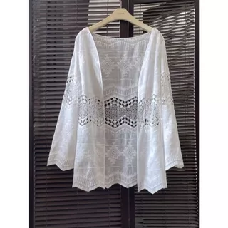 Cardigan de renda bordado de algodão puro jaqueta de manga comprida com xale jaqueta de férias de viagem-154
