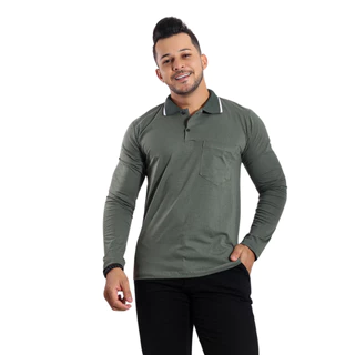 Camisa Camiseta Gola Polo Manga Longa Com bolso Algodão Estilo Casual