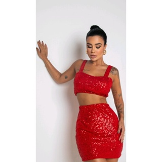 conjunto feminino em paetê cropped + saia conjunto luxuoso