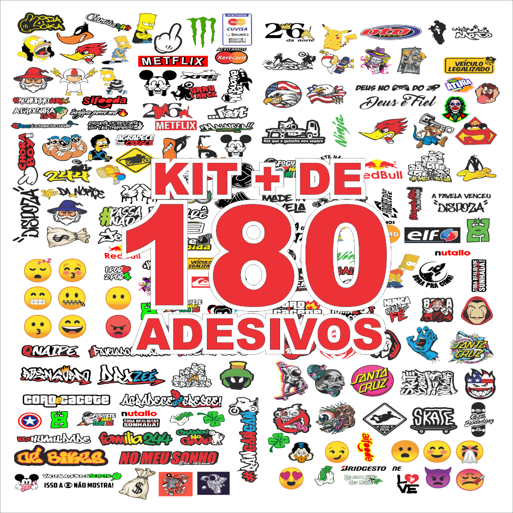 Super Cartela Kit 180 Unidades Stickers Adesivos Moto Bike Carro Pc