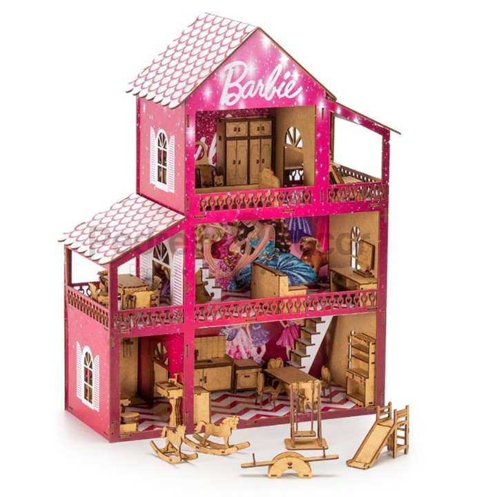 Casinha De Bonecas Barbie Adesivada Madeira Mdf Com Moveis em Promoção é no  Buscapé