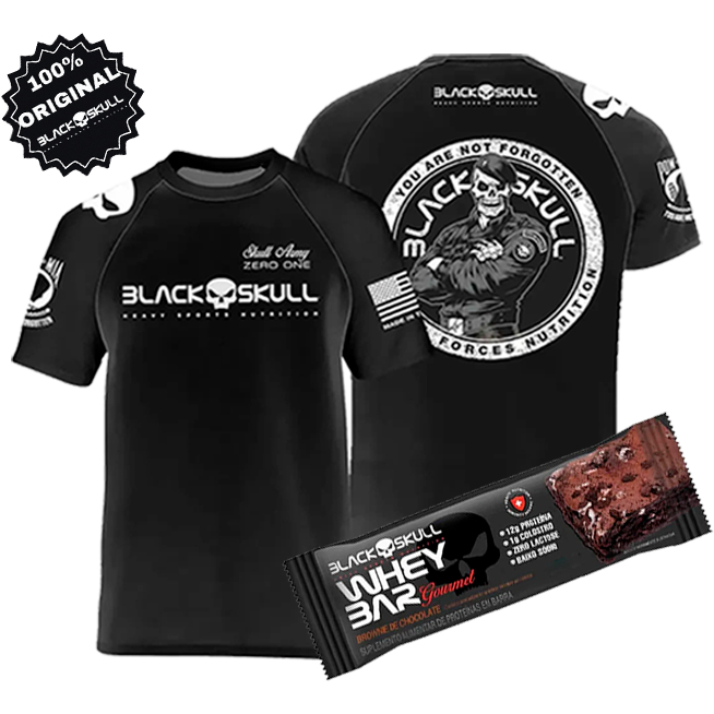 Camiseta Black Skull Original Bope + Barrinha de Proteína Dry Fit Camisa Academia Soldado