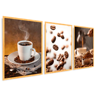 Kit 3 Quadros Decorativos Cantinho da Café Grande Xicara Cozinha Gourmet Cafeteria Moldura 63x43cm Luxo