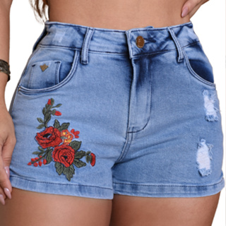 Short Jeans Feminino Bordado Luxo Cintura Alta+empina Bumbum Com Bastante Lycra