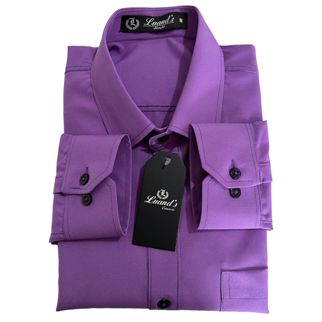 Camisa Tradicional Social Manga Longa 100% Microfibra Na cor Roxa com Bolso