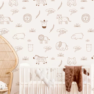 Papel de Parede Infantil Boho Safari de Animais Fofos