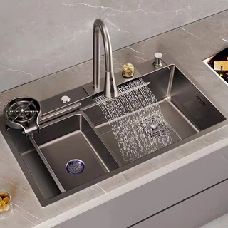 Kit Cuba Pia Cozinha Gourmet Aço Inox 75x45x20 cm Tubrax C/ Torneira Flexível Preto Acessórios