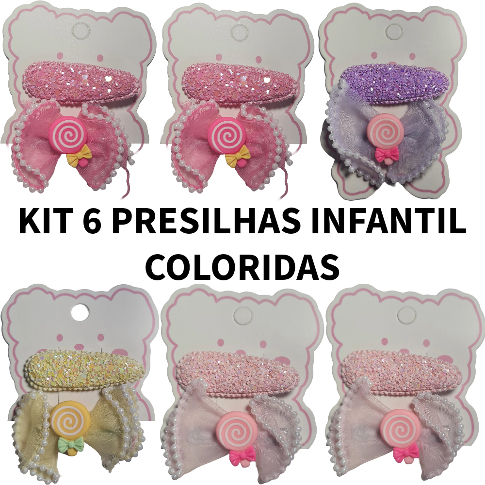 Kit 6 Bico de Pato Presilha Infantil Decorado Laço Gliter Flocado de 4,5cm Envio Imediato