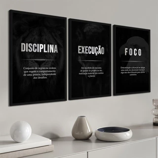 kit 3 quadros frases motivacionais trabalho disciplina motivação escritório empresa com molduras