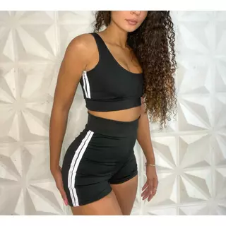 Conjunto Short e Top Com Listras Academia Cintura Alta Suplex