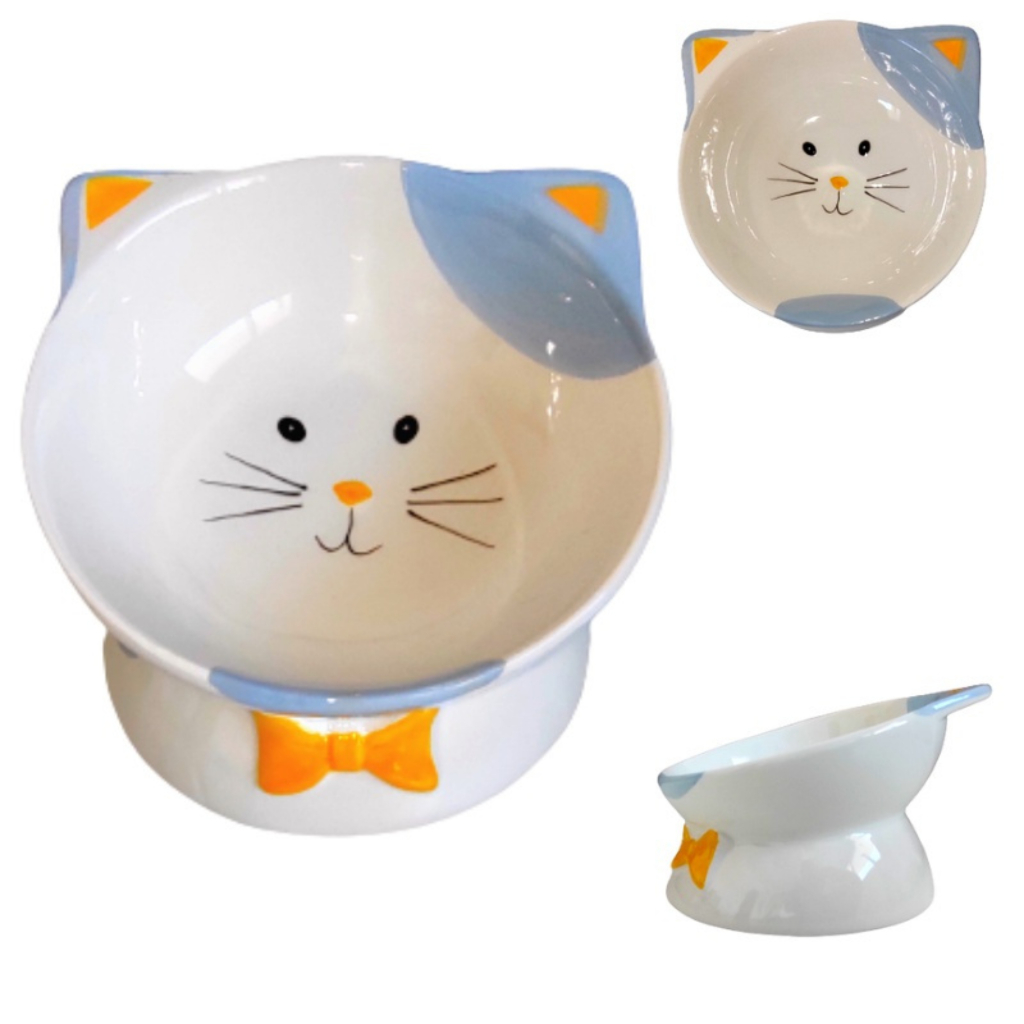 Comedouro / Bebedouro / Tigela Elevado Cerâmica P/ Gatos Colorido em Formato de Gatinho - Promoção !