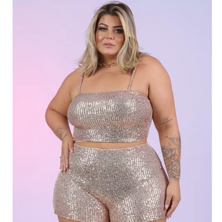 Conjunto Feminino Paetê Brilho Lantejoulas Festa Noite Balada Cropped e Short Moda Plus Size Tamanho Maior Curve