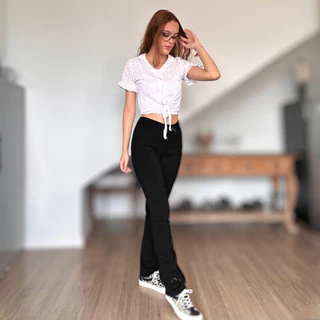 Calça Feminina Bengaline Sarjada com Elastano e Cós Transpassado