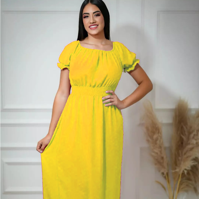 Vestido Pipoquinha Amarelo longo moda feminina tecido duna pipoca