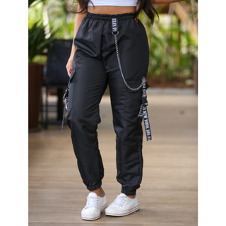 Calça Cargo Sarja feminina Larga Com 5 Bolso Streetwear Costura Reforçada  Cordão Para Ajuste Promoção Envio Imediato 2023