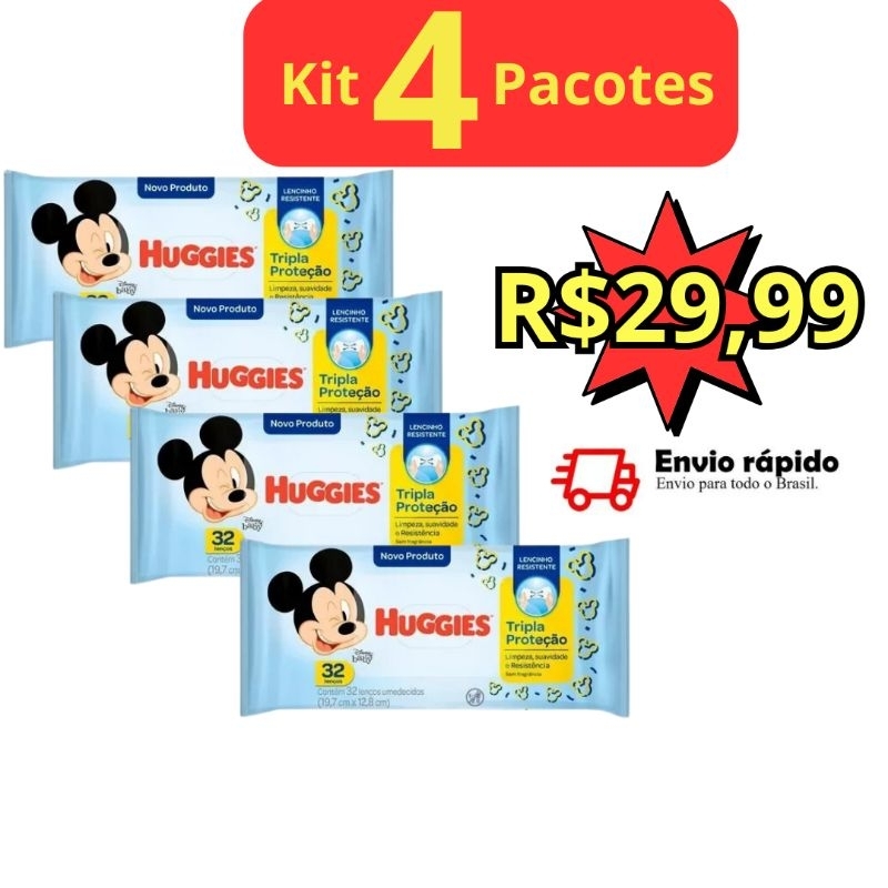 Kit com 4 Lenços Umedecidos Huggies Tripla Proteção Mickey 128 toalinhas