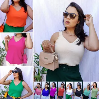 Blusa Regata Feminina Básica Alça Larga Grossa M ao GG Crepe Duna Julia