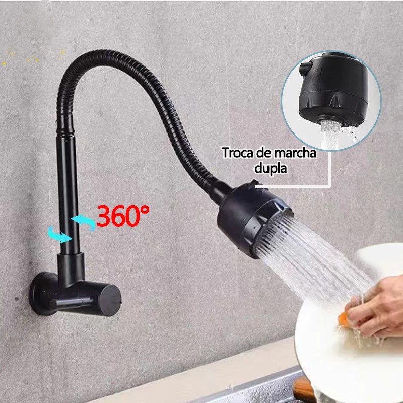 Torneira de cozinha gourmet Torneira preta flexível de parede torneira
