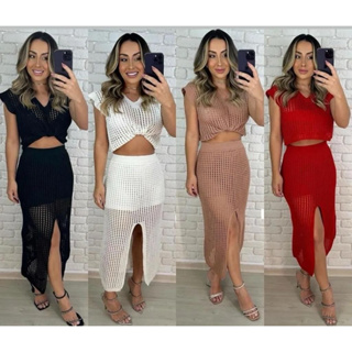 Conjunto Tricot Modal,Trio Cropped De Manguinha+ Saia+Short