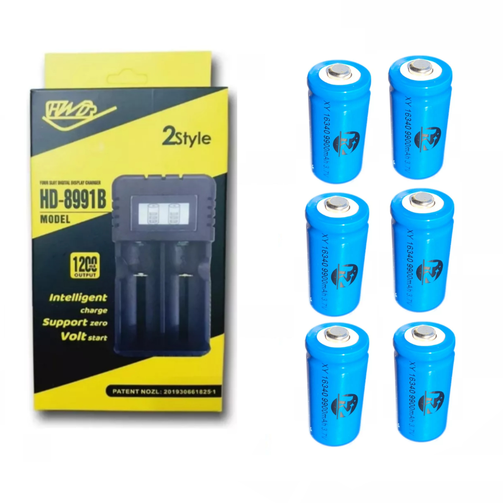 Carregador Duplo + 6 Bateria Recarregável Li-ion 16340 Cr123a