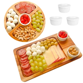 Kit 2 Petisqueira Tábua Madeira Teca Churrasco Frios 5 Divisórias Servir Queijos + 3 Ramequim Brinde
