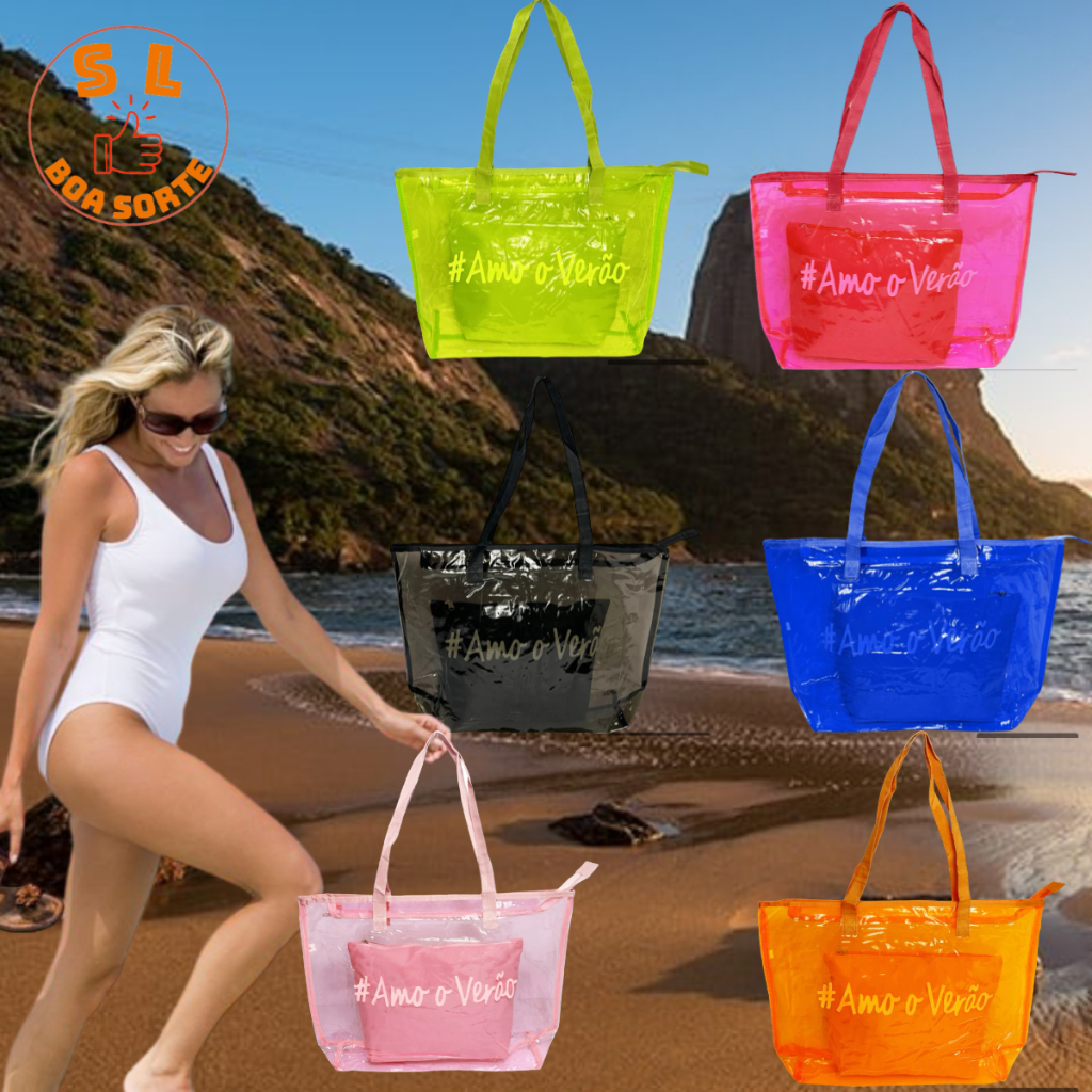 Kit Bolsa Sacola Amo O Verão Com Zíper Leve De Ombro Com Alça Confortável De Praia Passeios Ao Ar Livre Viagens Piscina Feminina Silicone Com Necessaire