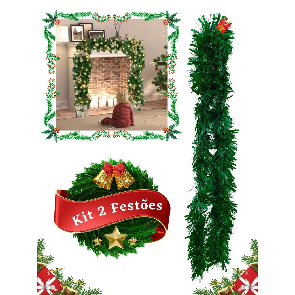 Kit 2 Festão de Natal 2 Metros Verde Escuro Fosco Decoração Natalina ...