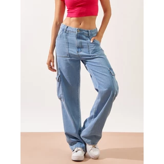 Calca jeans cargo cintura alta wide leg (compra um numero maior para ficar cintura baixo)