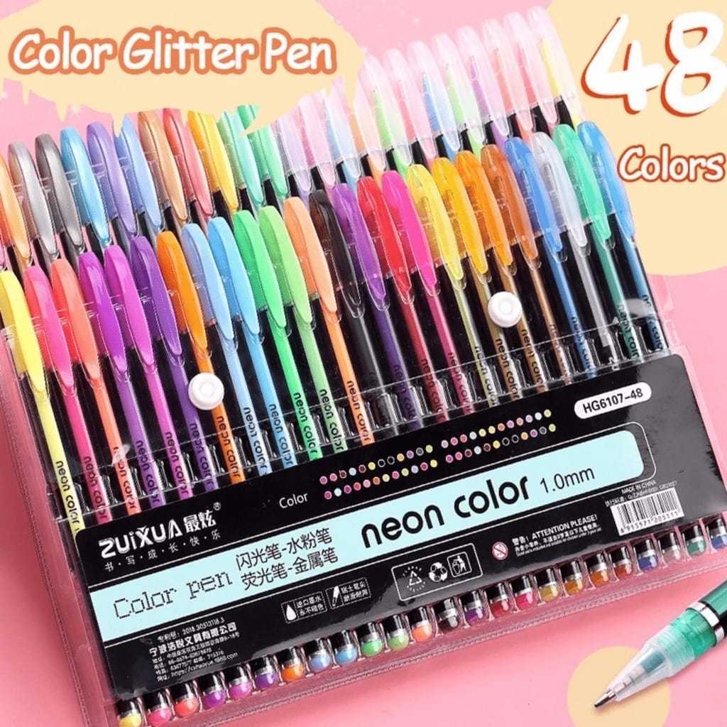 Kit com 12/24/36/48 Cores Caneta Gel ColorGel Tinta Glitter Pastel Neon Metal Escolar