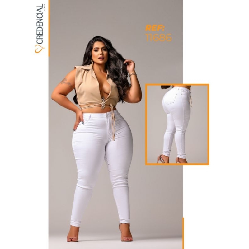 Calça Branca Capri Plus Size Jeans Feminina Cintura Alta Lycra