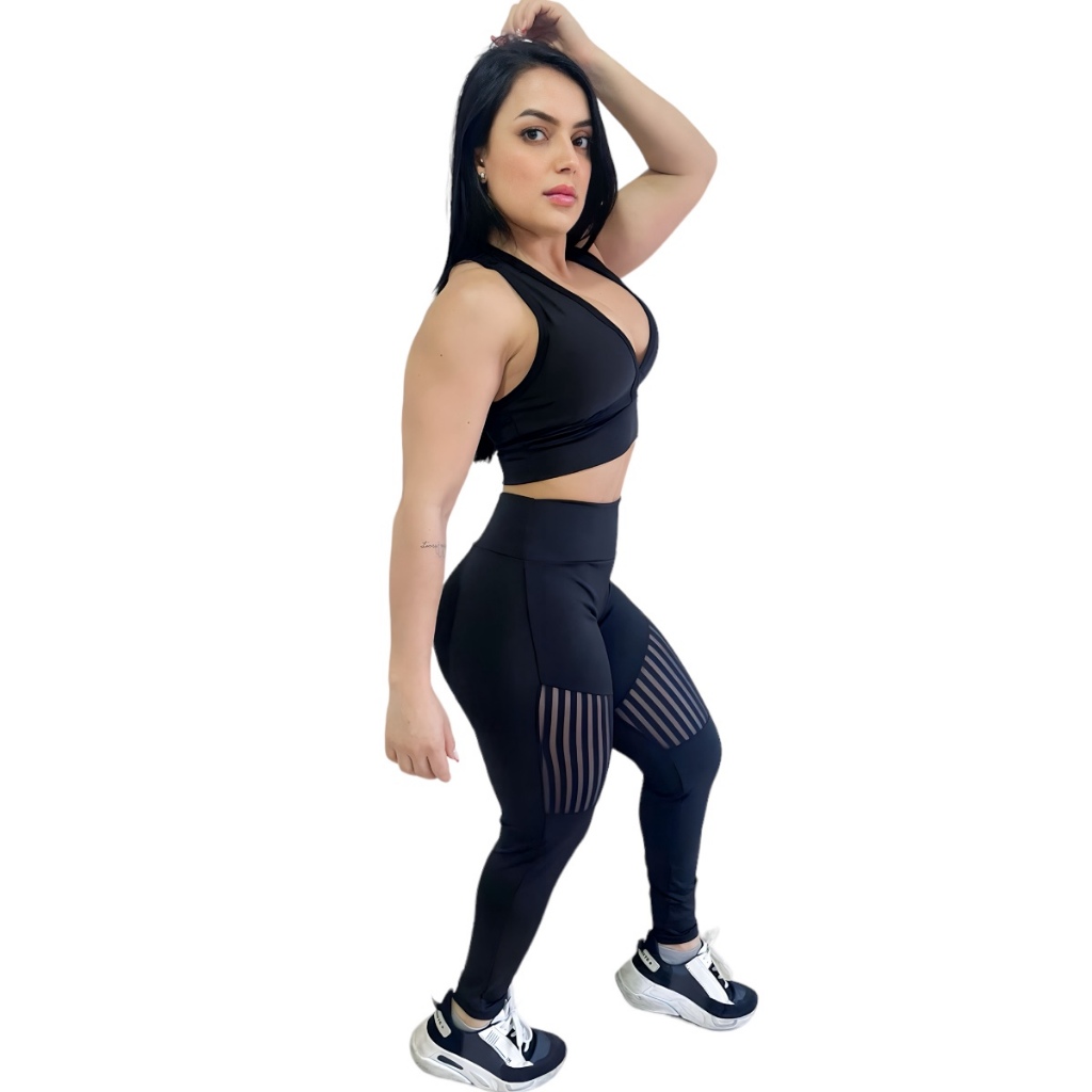 Calca Legging Feminina Amarrar Fitness Tela Academia 287 Preto Preto