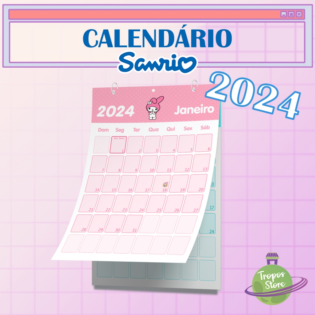 Calendário 2024 Sanrio Tamanho A4 Com Espaço Para Escrita - Hello Kitty - My Melody - Kuromi