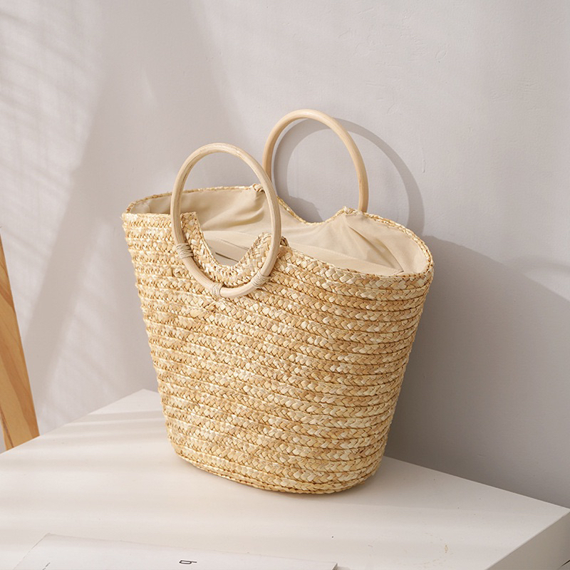 Bolsa de PALHA feminina de Mão Artesanal Grande com Alça de Madeira ...
