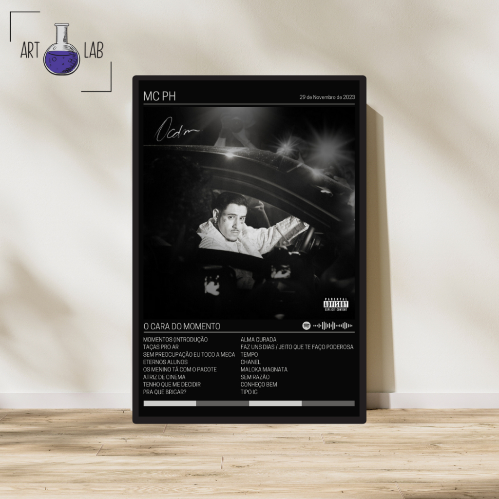 Quadro decorativo álbum Spotify MC PH - O Cara Do Momento moldura e vidro