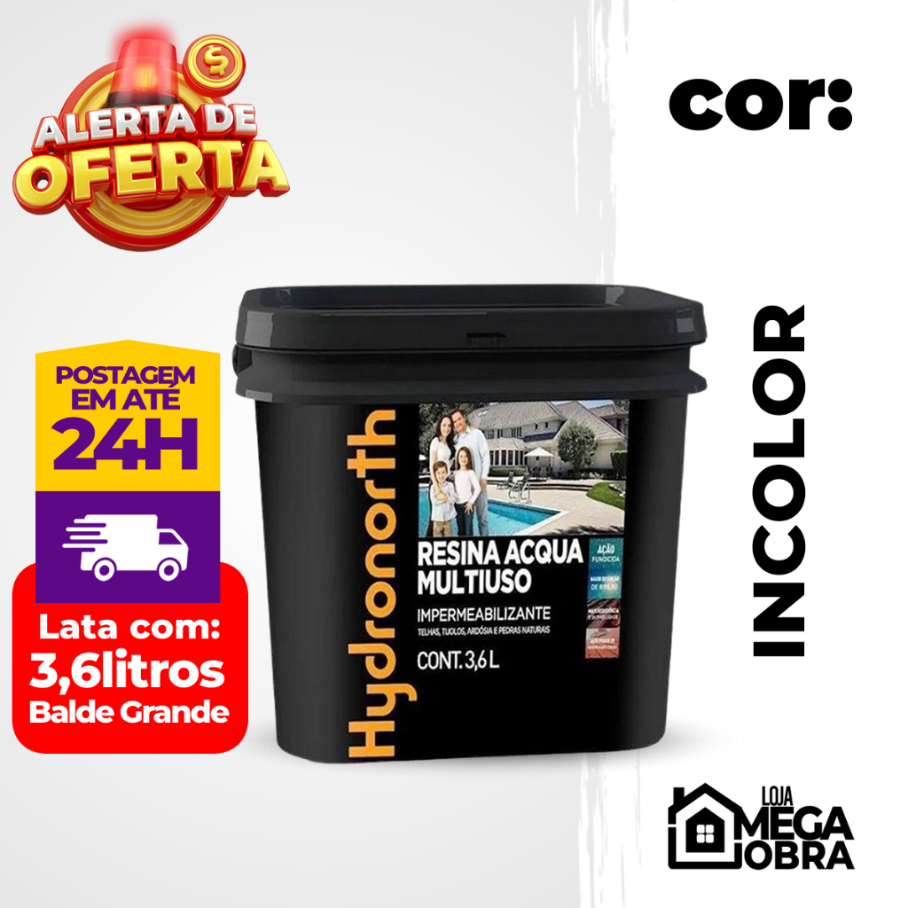 Resina Multiuso Acqua impermeabilizante para Telhados Cerâmica Fibrocimento Concreto Brilhante Incolor 3,6L Hydronorth Balde