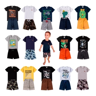 Kit 10 peças de roupas masculino infantil menino são 5 camisas e 5 bermudas camisa tama 1 2 3 4 6 8