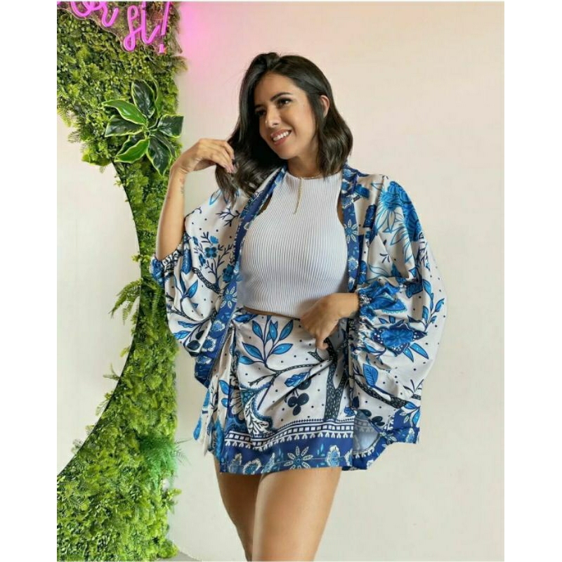 Conjunto de Kimono Shorts e Saia 2 Pecas Verão Viscolinho