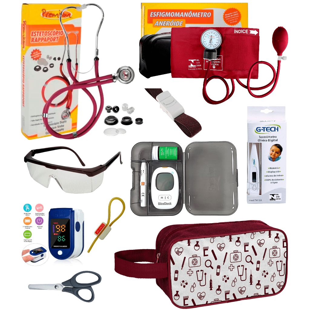 Kit Acadêmico Material de Enfermagem Esfigmomanometro Aparelho De Pressão e Estetoscópio Rappaport Duplo - Premium + Oximetro + Nécessaire VINHO ROSA PRETO AZUL